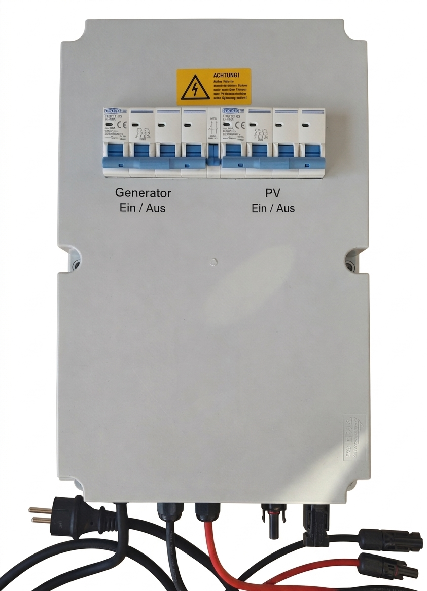 PV-Generator-Box: Die Notstrom-Lösung für eure PV-Anlage | 1000V DC | Plug & Play Photovoltaik Batterie über Diesel generator nachladen